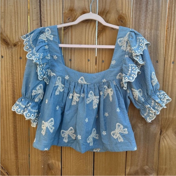 Mable Chambray Eyelet Bows Embroidered Two-Piece Set - Picture 2 of 8